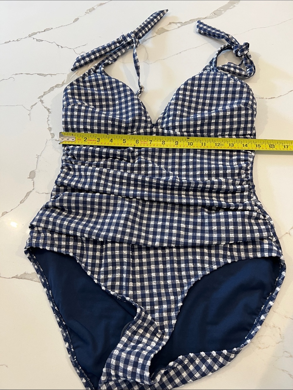 Ellen Tracy Navy and White Gingham One-Piece Swimsuit - Picture 4 of 7